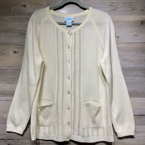 National Sweaters - Vintage Cardigan Sweater Women’s Large Cream Crochet Details Acrylic Cottagecore